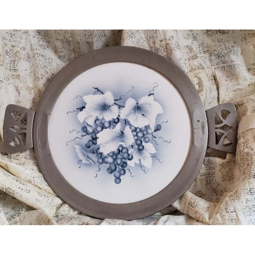 Vintage Stainless Tray w/ Handles - Grapes and Vines Pattern - Blue & White